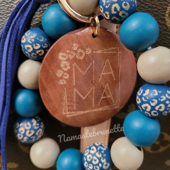 Wooden Beaded Mama Keychain Bag Charm With Blue Tassel - Picture 8 of 12